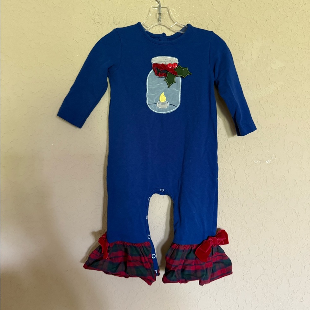 Ricrac & Ruffles Blue Christmas Holiday Baby Romper with Ruffle Trim - Picture 1 of 11
